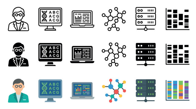 Scientist, DNA, data, molecule, server, chart, and technology icons depicting scientific research, biotechnology, and data analysis concepts.