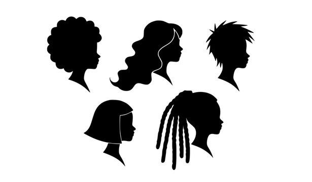 Black hairstyle silhouette vector set with curly wavy bob spiky and dreadlock hair