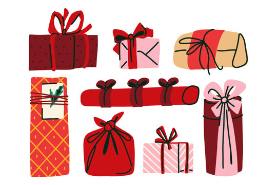 Christmas Gift Box Collection with Wrapped Presents, Festive Packages, Ribbon Bows and Holiday Clipart Set