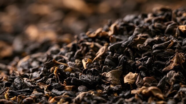 A close up view of dark  curled tea leaves with warm lighting highlighting their textured surface and natural color variations