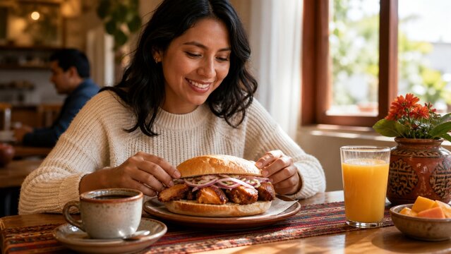Woman enjoying pan con chicharron at a cafe breakfast