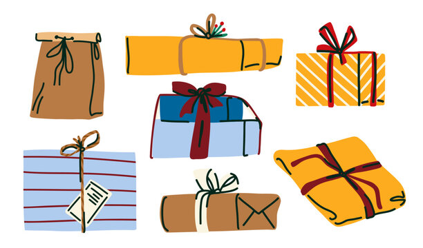 Assorted Wrapped Christmas Presents with Gift Boxes, Kraft Packages and Festive Ribbon Bow Illustration