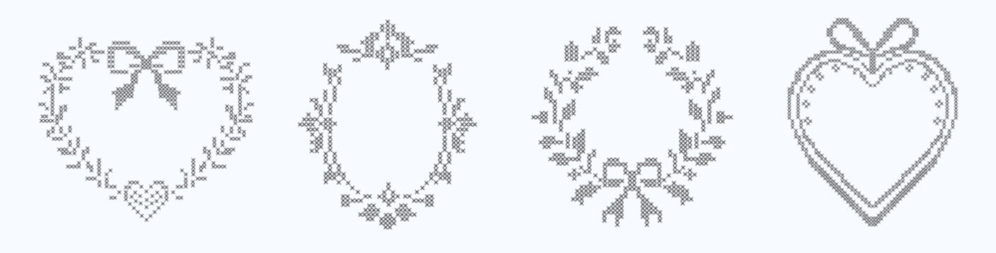 Cross stitch decorative borders collection with floral heart frames and festive holiday wreaths isolated on white. Embroidery needlework design set for wedding stationary, nursery, handmade crafts