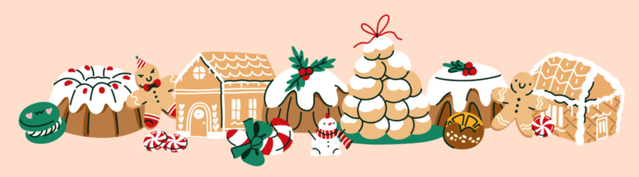 Christmas sweets and holiday bakery border with gingerbread house, cookies, cakes, candy cane, marzipan pyramid and festive desserts in cozy hand drawn Scandinavian style
