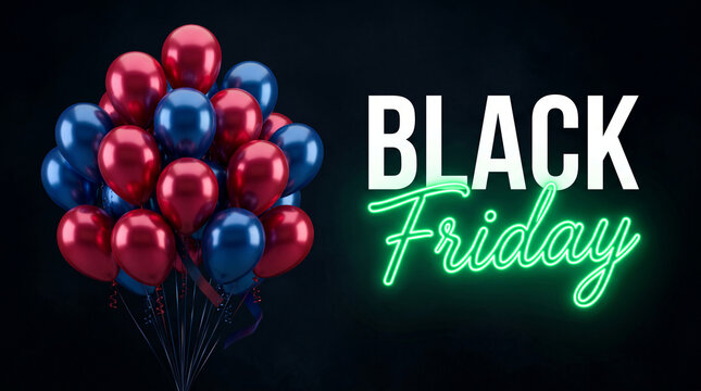Bunch of red and blue balloons with "Black Friday" text, representing a promotional event and sale