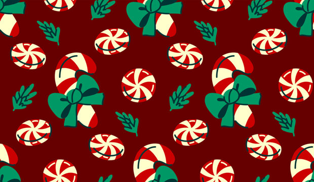 Seamless Christmas Candy Pattern with Peppermint and Ribbon Bow Hand Drawn Holiday Sweet Background for Fabric, Wrapping Paper, Textile, Seasonal Packaging and Festive Decor