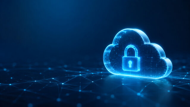 Minimal Holographic Cloud Security Icon With Lock, Futuristic Blue Network Background For Cybersecurity And Data Protection