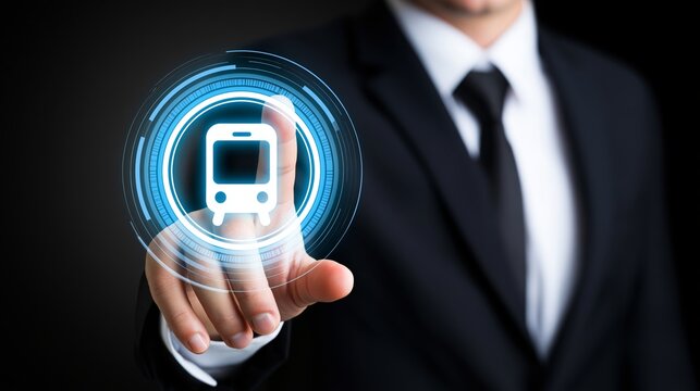 Businessman touching glowing digital train icon on futuristic interface, concept of smart public transport and urban mobility
