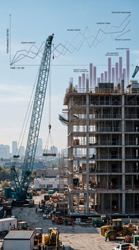Construction site with crane lifting materials, alongside graphical charts depicting growth and budget, symbolizing project progress and financial planning