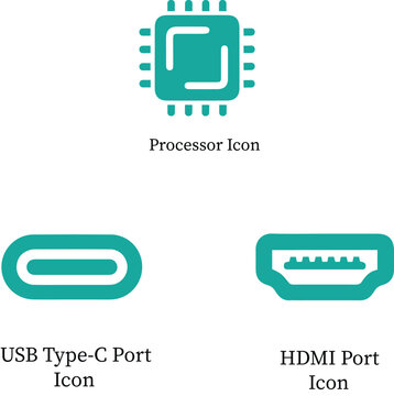 Computer-Hardware Processor USB Type C And HDMI Port Vector Icon Set For Modern Technology