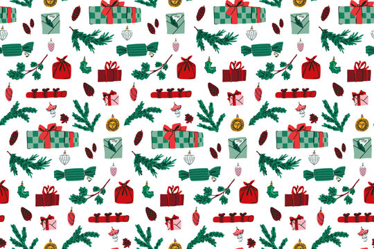 Christmas seamless pattern with wrapped gifts, evergreen branches, berries, bows and festive decorations, hand drawn holiday illustration for fabric, wrapping paper and seasonal decor