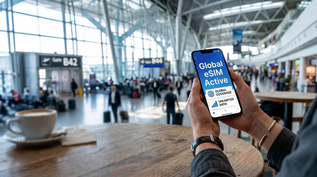 Hands hold a smartphone displaying Global eSIM Active inside a busy airport terminal with departure gates and a cup of coffee on a wooden table in the foreground.