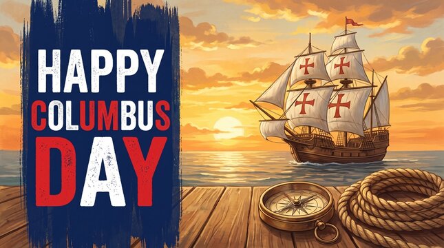 Happy Columbus Day Greeting with Vintage Ship, Compass, and Map at Sunset
