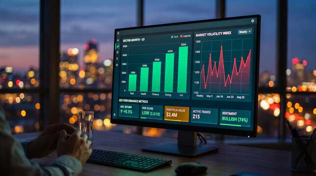 Screen displaying financial market data with charts and key performance metrics, symbolizing investment and analysis, set against a cityscape bokeh at dusk