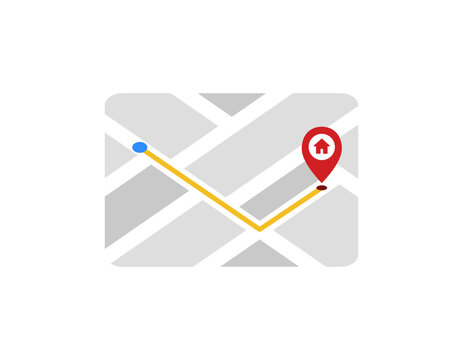 Clean Flat Illustration Map with GPS Navigation Pin, Isolated on White Background