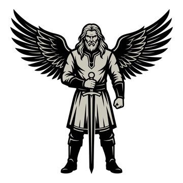 angelic warrior with sword and wings standing strong and powerful in heroic pose
