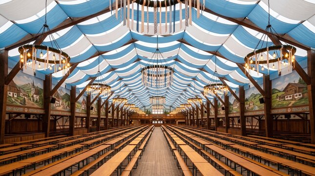 Bavarian festival hall interior displays long wooden communal tables beneath blue and white vaulted fabric drapes. Traditional German celebration atmosphere offers a spacious setting for large.