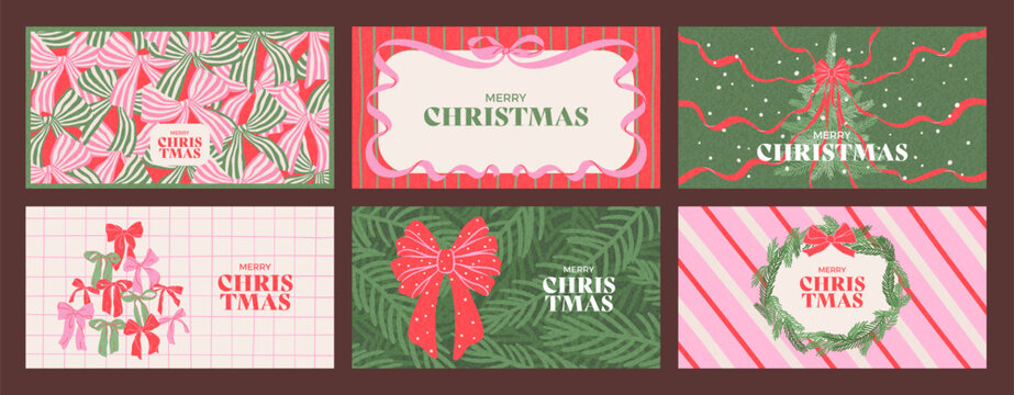 Hand drawn horizontal backgrounds set of Merry Christmas and Happy New Year. Vintage illustrations with gift bows, Christmas tree and wreath. Minimalist design for banner, cover, card, invitation