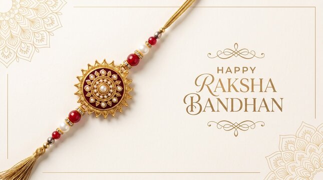 Rakhi thread bracelet with intricate gold sun motif and red beads resting on a light textured background. Traditional Happy Raksha Bandhan festive greeting card design featuring elegant mandala.