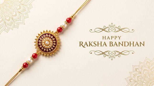 Elegant rakhi bracelet featuring intricate gold and red details placed on textured paper with the message Happy Raksha Bandhan. Cultural festive invitation template honors the sibling bond.