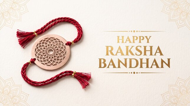 Red thread rakhi bracelet featuring a circular geometric pattern placed on a beige background with Happy Raksha Bandhan text. Festive decorative accessory celebrates the traditional Hindu bond.