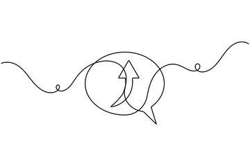 Obraz premium Modern chat speech bubble frame with up arrow icon sign continuous one line drawing on white background minimalist single art social media and message share symbol editable outline vector illustration