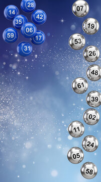 Blue and silver numbered balls floating against a sparkly blue background, symbolizing luck, chance, and games of fortune, ideal for lottery or casino themes.