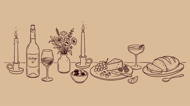 Hand drawn line art illustration of dining table setup with wine bottle glasses candles and food dinner party restaurant sketch candlelight dinner bread basket cheese platter wine vector