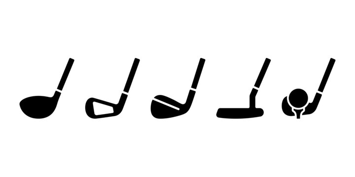 Five black golf clubs set with putter and driver