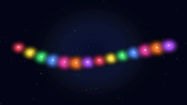 Hanging string of colorful glowing Christmas lights twinkling against dark starry night background motion graphic loop