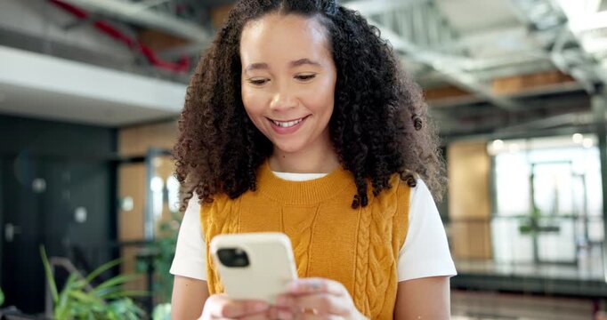Laughing, text and woman in office with phone, online communication and comic post on chat app. Happy, digital and employee in agency with technology, funny message and business meme on social media.