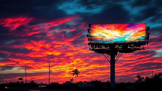 Vibrant Billboard Displaying Fiery Sunset Sky Over Cityscape at Dusk
