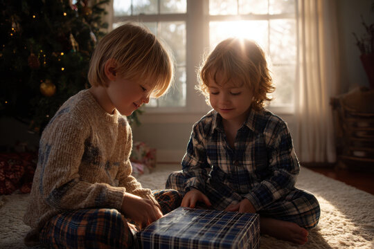 on magical christmas morning children eagerly tear open presents their faces glowing with pure joy