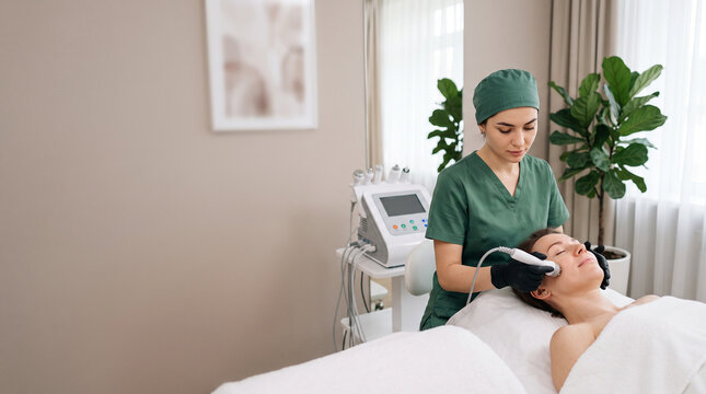cosmetologist treatment including botox, mesotherapy, dermastamp, laser hair removal, facial cleansing, hydra facial, face massage, peeling, and an anti-age procedure on a female client in a modern ae