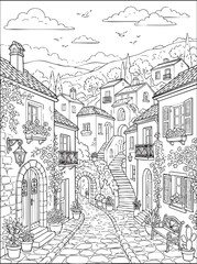 Obraz premium Old European town street with stone houses and cobblestone alley coloring page