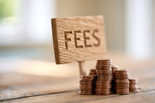 Wooden sign engraved with fees word standing beside stacks of copper coins on wooden table surface