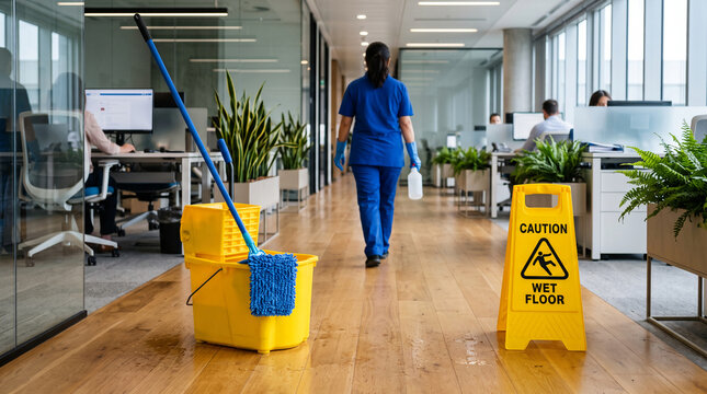 Office cleaning with a wet floor sign and mop, symbolizing safety, maintenance, and professional upkeep in a modern workspace