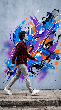 A man walks past a vibrant, abstract mural, showcasing movement and urban art's energetic expression against a textured wall, symbolizing creativity and dynamism