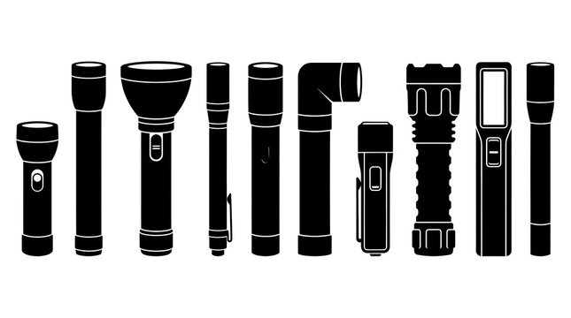 Flashlight types silhouette vector icon set including tactical flashlight, LED torch light, heavy duty searchlight, penlight, right angle flashlight, pocket clip torch and inspection work light

