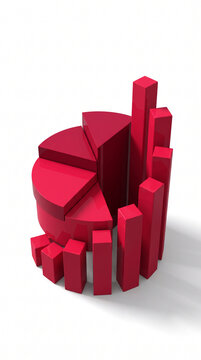 Red 3D pie chart and bar graph elements against a white background, representing data analysis and business growth, with free space for text.