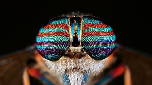 Horsefly insect compound eyes showing iridescent colors and intricate patterns against black background