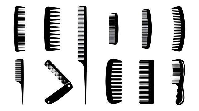 Comb types and hair styling tool silhouette vector icon set including wide tooth comb, fine tooth comb, rat tail comb, folding comb, barber comb and handle comb
