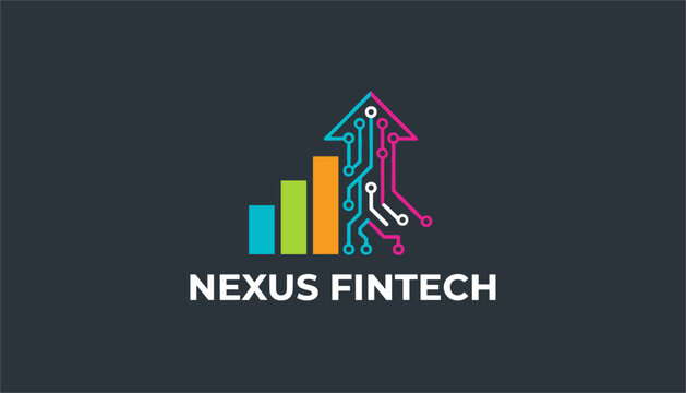 Modern logo design for nexus fintech combines colorful progress bar charts with high-tech circuit board lines.