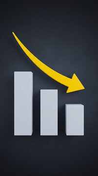 White bars in a downward trend with a yellow arrow signifying decline, representing negative business performance, recession, or loss.