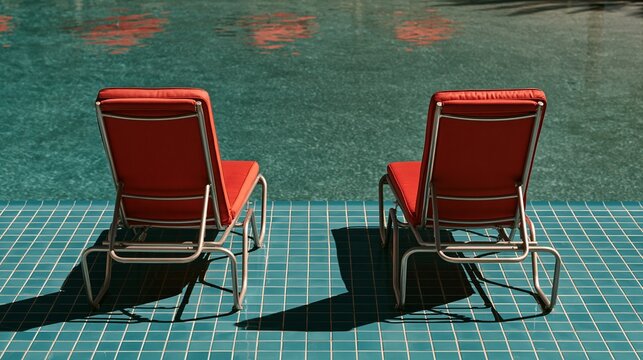 Red lounge chairs standing poolside on blue tiles, creating a scene of relaxation and summer leisure