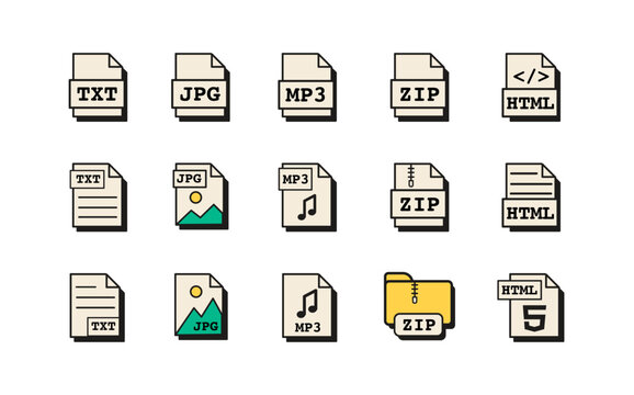 Set of file extension icons in retro old school style digital UI. TXT, MP3, ZIP, and HTML formats for various data types. Flat style vector illustration isolated on white background.