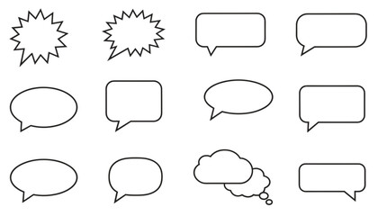Fototapeta premium Selection of twelve blank speech bubble shapes with thin black outlines for comic dialogues and social messages.