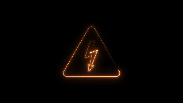 Glowing orange neon warning sign with a lightning bolt symbol for electricity danger in a dark environment