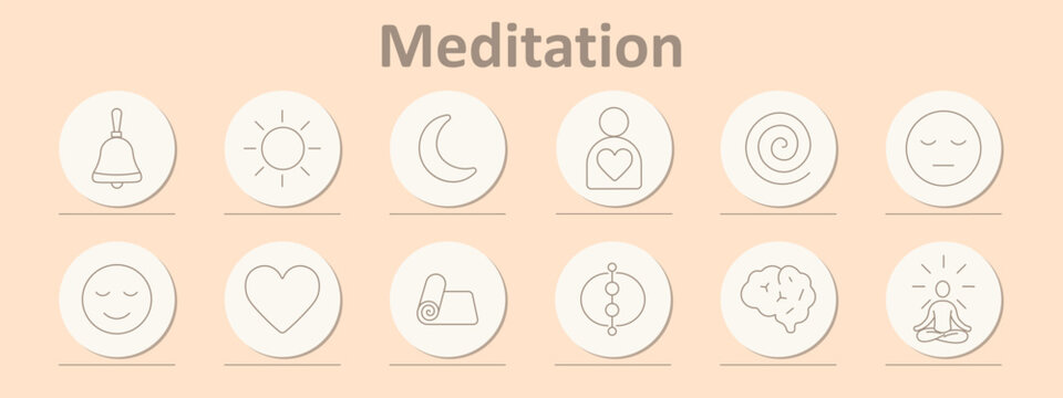 Meditation set icon. Bell form, sun form, crescent moon, heart person, spiral, neutral face, smiling face, heart shape, rolled mat, energy beads, brain, meditating figure.