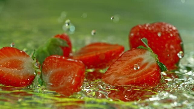 Super Slow Motion Shot of Fresh Strawberries Falling into Water and Making Splash at 1000fps.